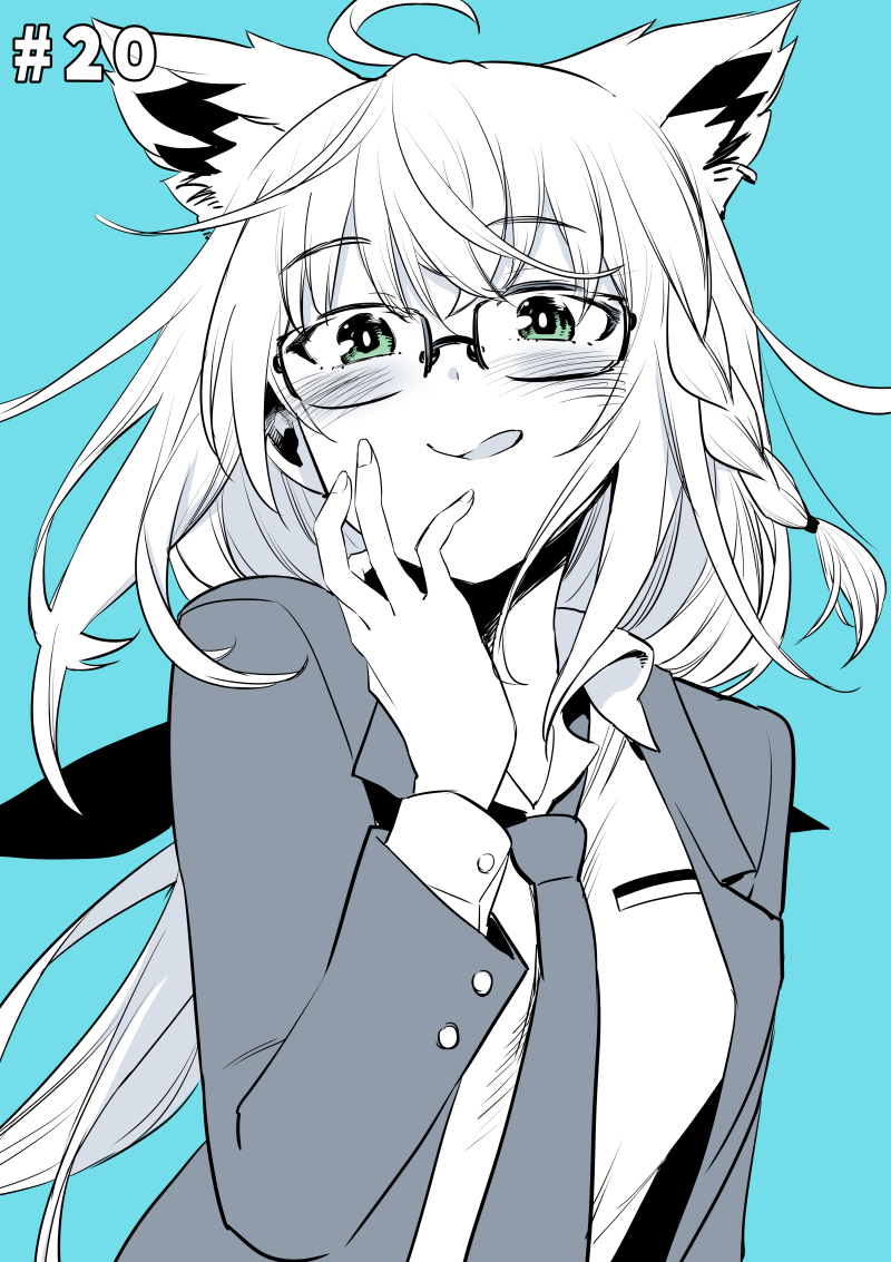 1girl ahoge animal_ear_fluff animal_ears aqua_theme bangs blazer blush bow braid collared_shirt commentary_request earrings extra_ears eyebrows_visible_through_hair fox_ears fox_girl glasses hair_between_eyes hair_bow hand_on_own_cheek hand_on_own_face hololive jacket jewelry kurose_kousuke licking_lips long_hair long_sleeves looking_at_viewer monochrome necktie shirakami_fubuki shirt sidelocks simple_background single_braid solo tongue tongue_out virtual_youtuber
