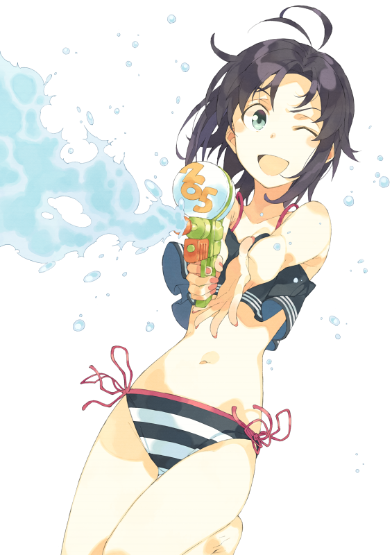 &gt;;d 1girl ;d antenna_hair bikini black_hair blue_eyes blush commentary_request idolmaster kikuchi_makoto looking_at_viewer navel one_eye_closed open_mouth short_hair side-tie_bikini smile solo striped striped_bikini striped_swimsuit swimsuit t-okada water water_gun