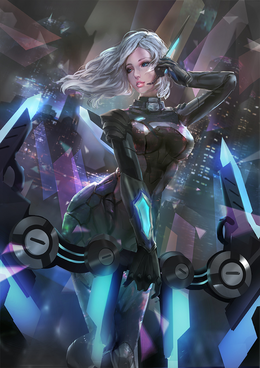 1girl alternate_costume armor ashe_(league_of_legends) blue_eyes bow cglas city dutch_angle gloves league_of_legends looking_to_the_side parted_lips project:_ashe silver_hair solo spaulders weapon