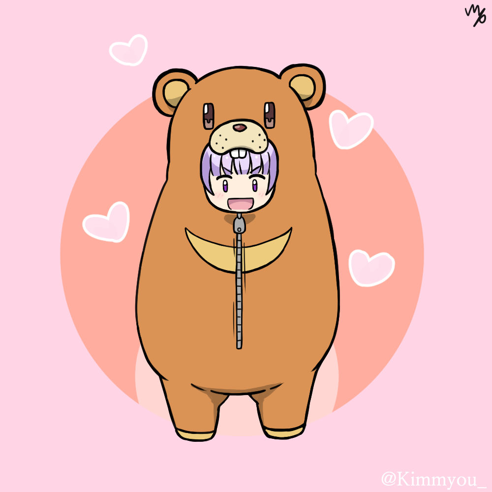 &gt;:d 1girl :d animal_costume bangs bear_costume bear_sleeping_bag blunt_bangs blush commentary_request female full_body heart looking_at_viewer myou_(kimmyo8p) new_game! open_mouth pink_background purple_hair sleeping_bag smile solo suzukaze_aoba twitter_username violet_eyes zipper