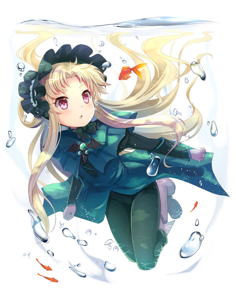 1girl air_bubble blonde_hair blush boots bubble capelet commentary_request fish floating_hair freediving gloves hairband kaitou_tenshi_twin_angel kouzu_shou lolita_hairband long_hair open_mouth pants salome_(twin_angel_3) solo swimming underwater very_long_hair violet_eyes water