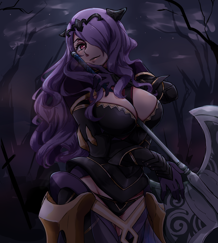 1girl armor axe bare_tree battle_axe between_breasts black_armor black_panties boots breasts camilla_(fire_emblem_if) cleavage clouds corset dark_sky fire_emblem fire_emblem_if gloves groin large_breasts lips long_hair looking_at_viewer night night_sky nm222 panties purple_gloves purple_hair sky smile solo star_(sky) starry_sky strap thigh-highs thigh_boots tiara tree underwear vambraces very_long_hair violet_eyes weapon