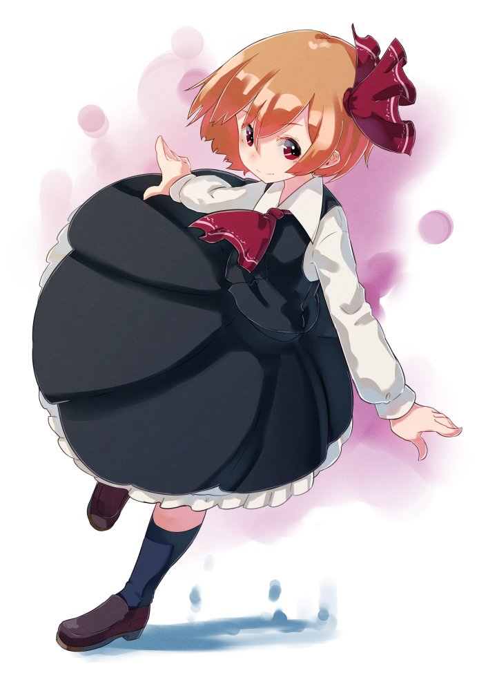 1girl ascot blonde_hair full_body hair_ribbon hashiro loafers long_sleeves outstretched_arms red_eyes ribbon rumia shirt shoes short_hair skirt skirt_set smile socks spread_arms touhou vest