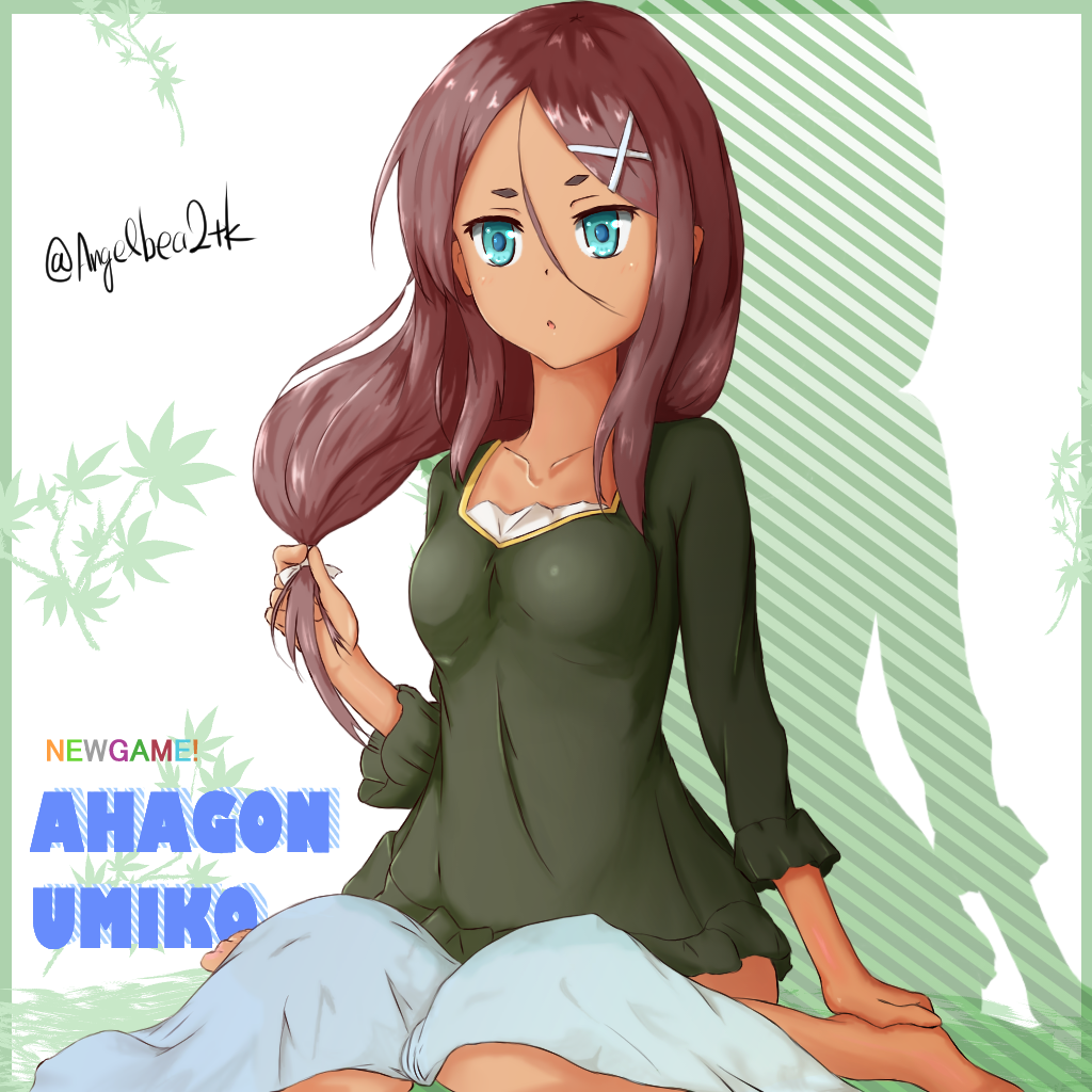 1girl ahagon_umiko aqua_eyes barefoot brown_hair butterfly_sitting character_name collarbone commentary_request copyright_name dark_skin green_eyes long_hair new_game! sitting solo twitter_username wariza yampoo