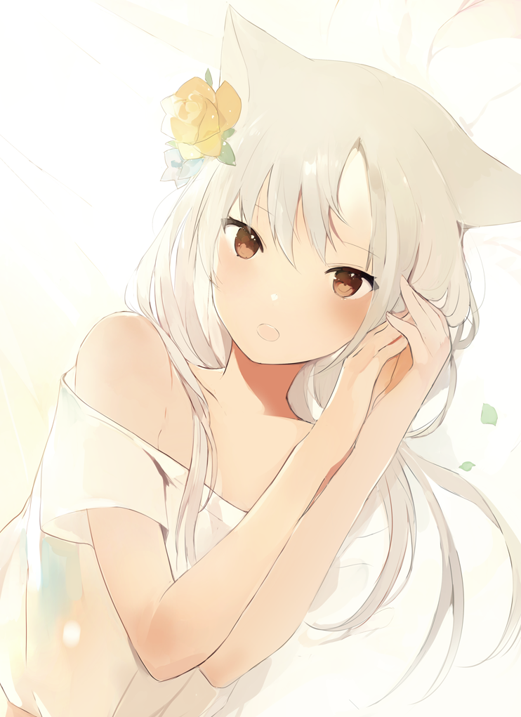 1girl animal_ears bare_shoulders blush brown_eyes flower hair_flower hair_ornament hands_in_hair hands_together long_hair looking_at_viewer lp_(hamasa00) lpip off-shoulder_shirt open_mouth original shirt solo upper_body white_hair white_shirt