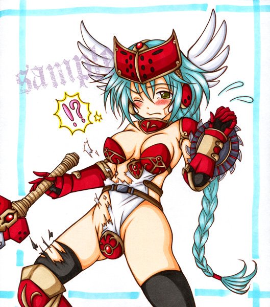 1girl armor artist_request bikini_armor black_legwear blush braid breasts female green_hair helmet long_hair mirim queen's_blade queen's_blade_rebellion solo sword weapon winged_helmet