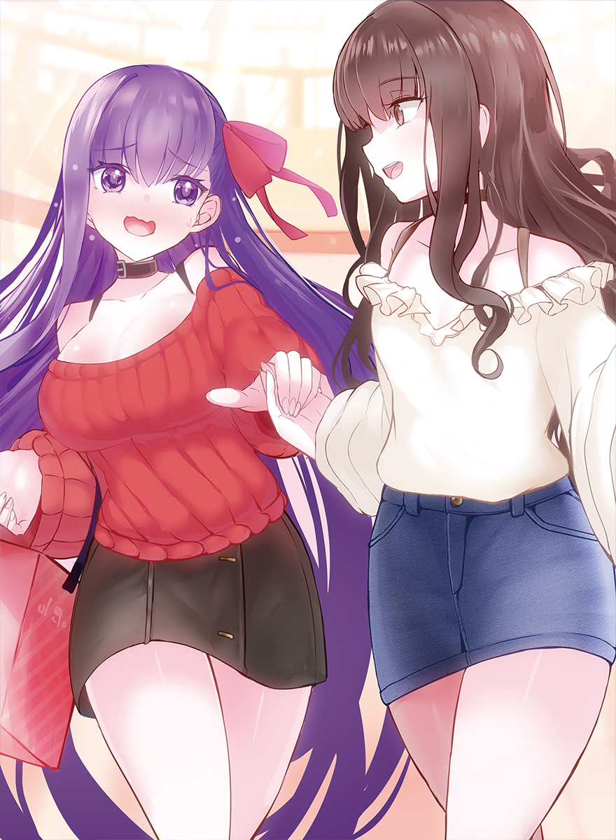 2girls bangs bb_(fate) bb_(fate/extra) blush breasts brown_eyes brown_hair fate/extra fate/extra_ccc fate_(series) hair_ribbon hasai_(mekkan) highres kishinami_hakuno_(female) large_breasts long_hair multiple_girls open_mouth purple_hair red_ribbon ribbon smile very_long_hair violet_eyes