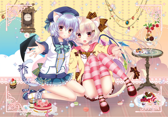 2girls :d alternate_costume animal_ears blush bow bowtie brooch cake cat_ears cat_tail clock cupcake flandre_scarlet food foreshortening full_body green_bow green_bowtie hair_bow jewelry kemonomimi_mode long_sleeves looking_at_viewer macaron miniskirt multiple_girls open_mouth pekopokox remilia_scarlet siblings side_ponytail sisters skirt smile striped striped_bow striped_legwear tail thigh-highs touhou