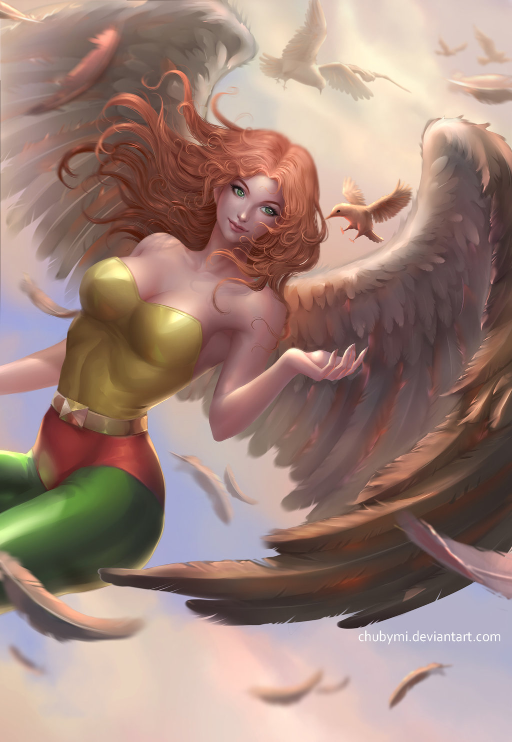 1girl artist_name bird bodysuit breasts chubymi cleavage clouds curly_hair dc_comics feathered_wings feathers flying green_eyes hawkgirl highres justice_league long_hair orange_hair sky solo watermark web_address wings