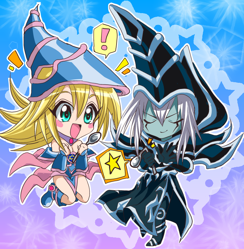 1boy 1girl bare_shoulders blonde_hair chibi dark_magician dark_magician_girl duel_monster female green_eyes hat long_hair magical_girl skirt smile solo spoon wizard_hat yu-gi-oh!