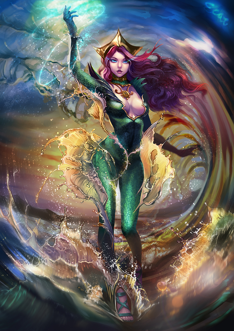 1girl blue_eyes bodysuit center_opening crown curly_hair dc_comics full_body gloves jewelry long_hair mera mera_(dc) necklace newtop redhead sandals scale_armor scales sky solo water