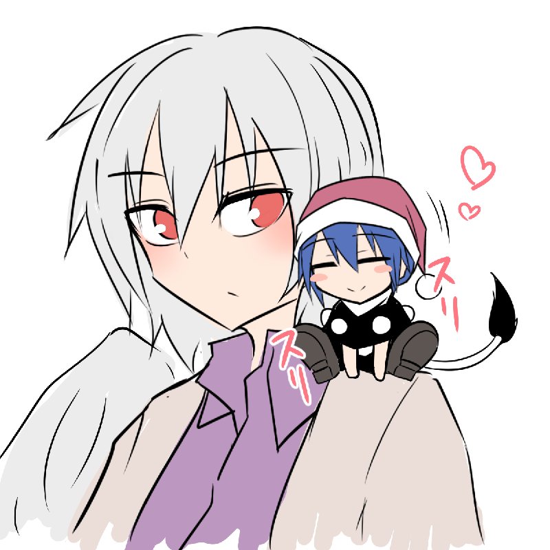 2girls ^_^ blue_hair breasts closed_eyes doremy_sweet female flat_color hat heart kishin_sagume kuroba_rapid multiple_girls nightcap pom_pom_(clothes) red_eyes short_hair silver_hair simple_background smile tail tapir_tail touhou upper_body white_background wings