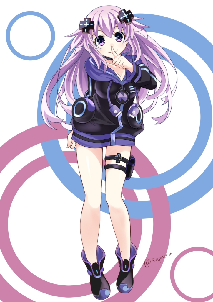 1girl adult_neptune breasts choujigen_game_neptune d-pad finger_to_mouth hair_ornament holster hood hooded_track_jacket jacket long_hair looking_at_viewer neptune_(series) purple_hair saputrad shushing smile solo thigh_holster track_jacket violet_eyes