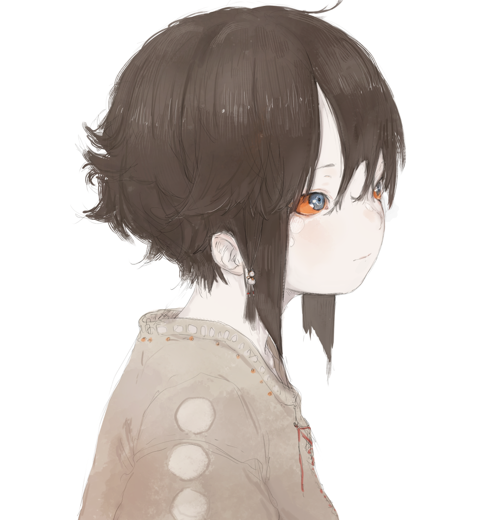 1girl androgynous bangs blue_eyes brown_hair closed_mouth copyright_request facial_mark flat_chest from_side hair_between_eyes japanese_clothes looking_away orange_sclera short_hair sidelocks simple_background solo upper_body white_background yushika