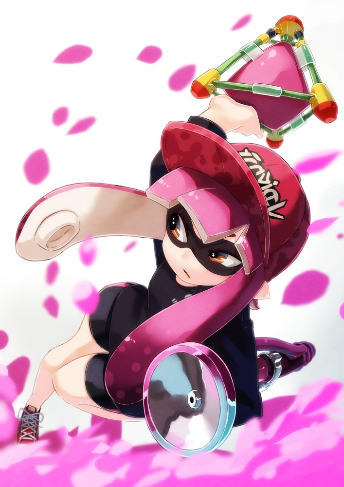1girl arm_up baseball_cap bike_shorts black_jacket black_shorts domino_mask foreshortening full_body hashiro hat holding holding_weapon ink inkling jacket long_hair long_sleeves looking_to_the_side mask pink_hair red_hat shorts simple_background solo splatoon tentacle_hair twintails very_long_hair weapon white_background yellow_eyes