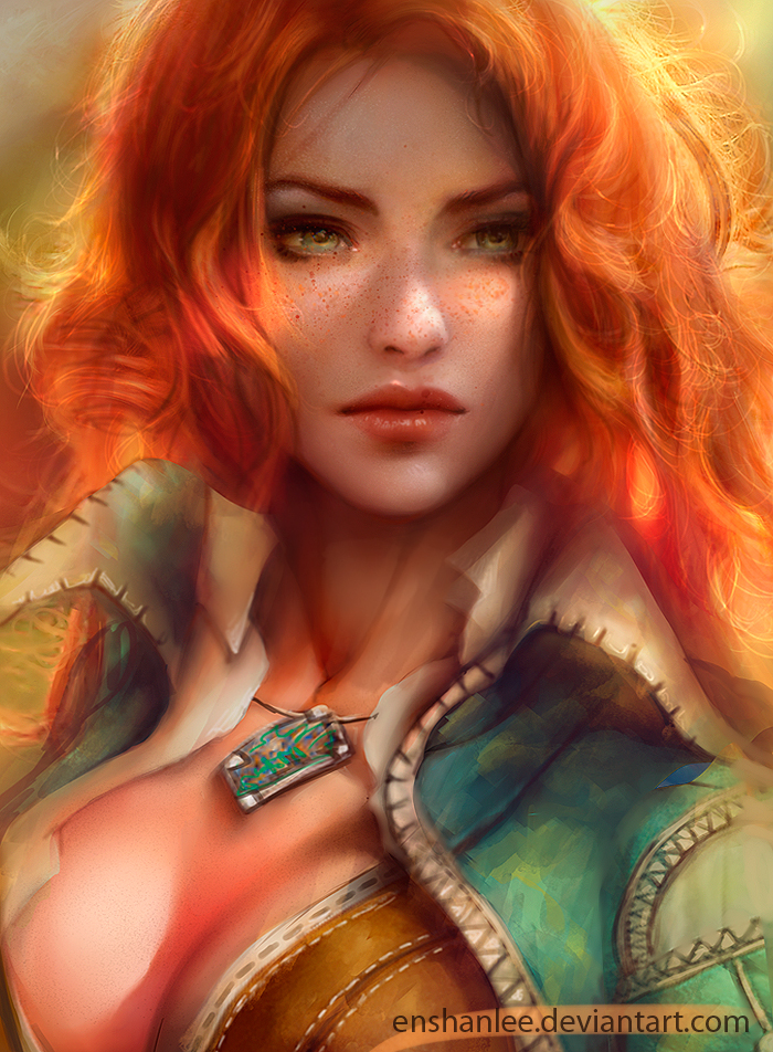 breasts cleavage enshanlee freckles green_eyes jewelry lips looking_to_the_side necklace redhead the_witcher triss_merigold wavy_hair