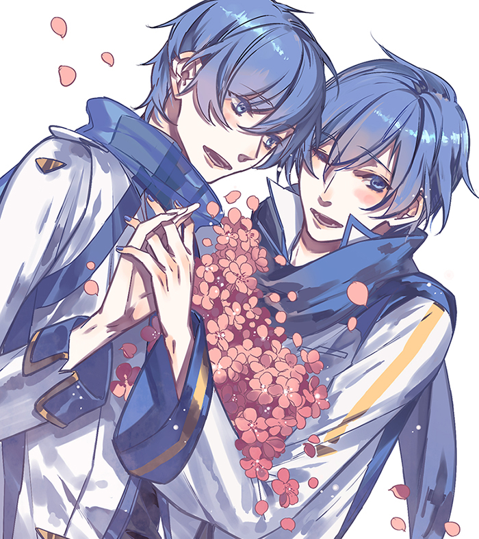 2boys ;) blue_eyes blue_hair blue_nails blush eyebrows eyebrows_visible_through_hair flower hand_holding kaito kaito_(vocaloid3) looking_to_the_side male_focus multiple_boys nail_polish one_eye_closed simple_background smile vocaloid white_background witchonly