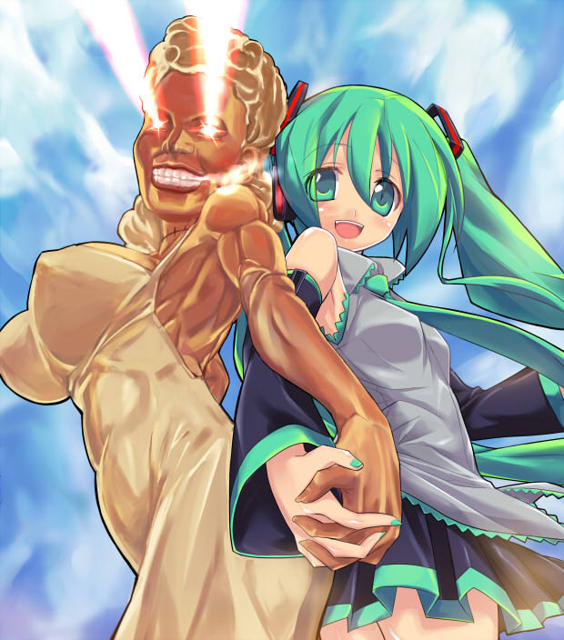 aqua_hair back-to-back back_to_back blonde_hair breasts detached_sleeves eeeeee eye_beam glowing glowing_eyes grin hand_holding hands hatsune_miku holding_hands large_breasts lion_(macross_frontier) long_hair macross macross_frontier necktie parody skirt smile smoke sweet_ann twintails vocaloid