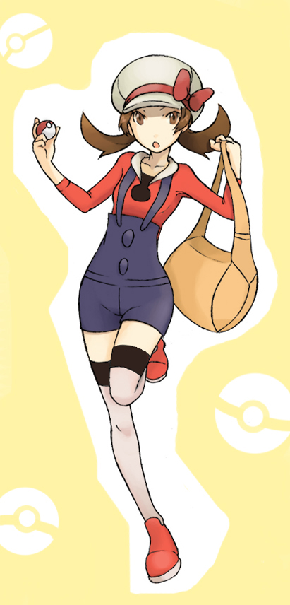 bad_id bag brown_eyes brown_hair cabbie_hat gan_(pixiv) hat hat_ribbon holding holding_poke_ball iwao_(pixiv258710) kneehighs kotone_(pokemon) overalls poke_ball poke_ball_theme pokemon pokemon_(game) pokemon_gsc pokemon_heartgold_and_soulsilver red_ribbon ribbon short_twintails socks solo thighhighs twintails