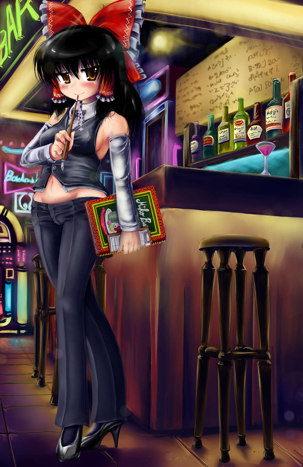 1girl bar black_hair breasts casual contemporary detached_sleeves drink hakurei_reimu high_heels highres midriff navel okiraku_nikku orange_eyes pants ribbon shoes short_hair sideboob solo stool touhou waitress