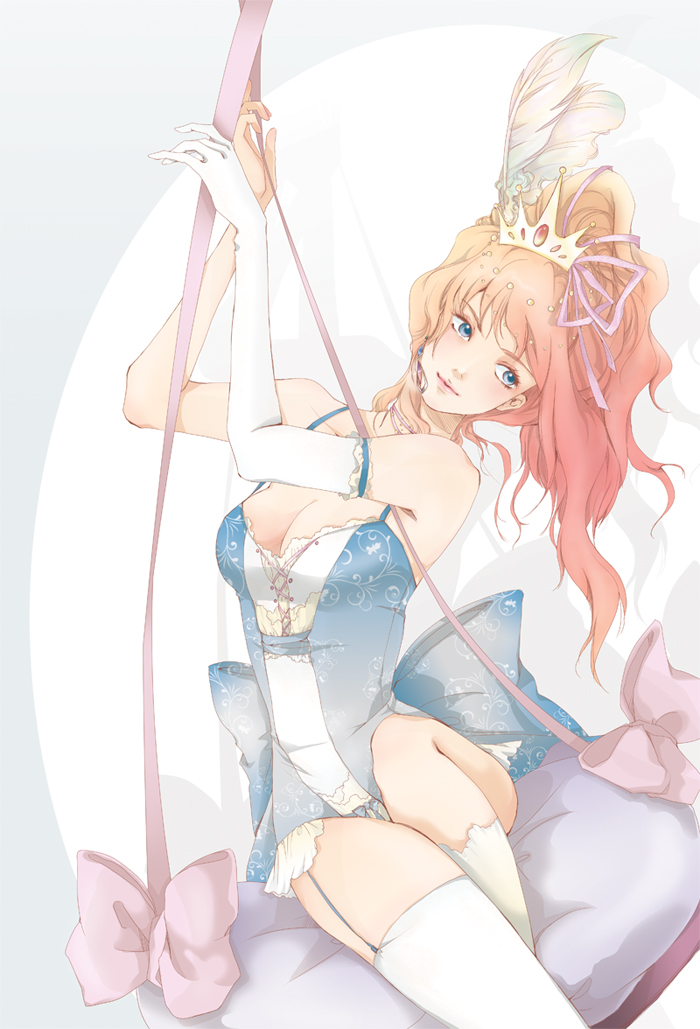 blue_eyes breasts cleavage crown earrings feathers frills hands heerin jewelry lipstick macross macross_frontier ponytail ribbon sheryl_nome single_earring single_glove thigh-highs thighhighs tiara white_legwear white_thighhighs