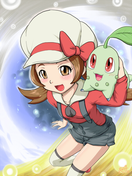 1girl blush breasts brown_eyes brown_hair cabbie_hat chikorita cleavage gouguru hat hat_ribbon hold holding kneehighs kotone_(pokemon) overalls pokemon pokemon_(creature) pokemon_(game) pokemon_gsc pokemon_heartgold_and_soulsilver red_ribbon ribbon short_twintails smile socks thigh-highs thighhighs twintails