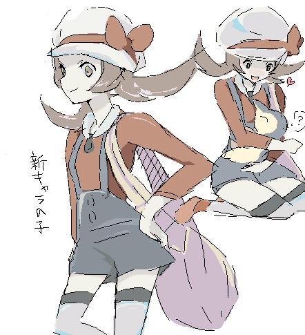 brown_hair cabbie_hat cyndaquil hat hat_ribbon heart hug kotone_(pokemon) lowres messenger_bag oekaki overalls pokemon pokemon_(game) pokemon_gsc pokemon_heartgold_and_soulsilver red_ribbon reitor ribbon short_twintails shoulder_bag socks thigh-highs thighhighs twintails