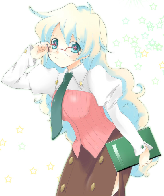 adjusting_glasses blouse book cosplay glasses kayune_niu long_skirt multicolored_hair necktie nia_teppelin notebook side_slit smile solo star teacher tengen_toppa_gurren_lagann yoko_littner yoko_littner_(cosplay) yoko_ritona yoko_ritona_(cosplay) yomako yomako_(cosplay)