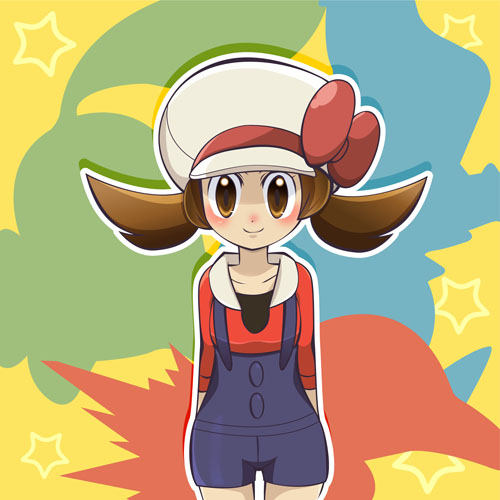 bad_id brown_eyes brown_hair cabbie_hat chikorita chikorita_(cameo) cyndaquil cyndaquil_(cameo) hat hat_ribbon kotone_(pokemon) lowres overalls pokemon pokemon_(game) pokemon_gsc pokemon_heartgold_and_soulsilver red_ribbon replica-7110 ribbon short_twintails silhouette smile solo star totodile totodile_(cameo) twintails
