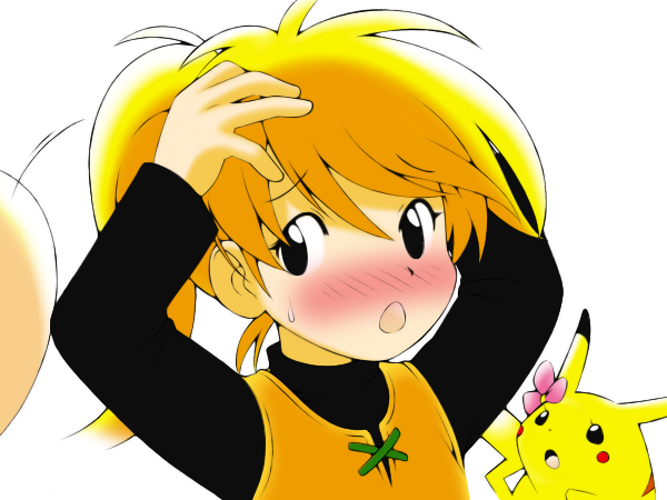1girl black_eyes blonde_hair blush chuchu_(pokemon) embarrassed flower hair_flower hair_ornament pikachu pokemon pokemon_(creature) pokemon_special ponytail sweatdrop yagitori yellow_(pokemon)