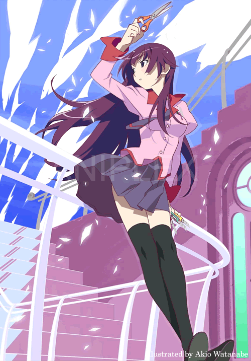 long_hair monogatari_(series) official_art purple_hair school_uniform scissors senjougahara_hitagi solo stationery thigh-highs thighhighs watanabe_akio watermark