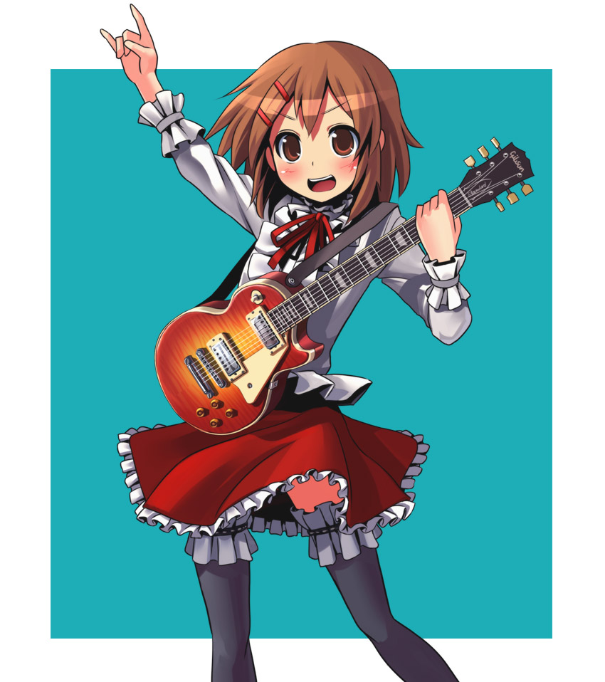 \m/ bow brown_eyes brown_hair frills fuwafuwa_time gibson guitar hirasawa_yui instrument k-on! les_paul patorishia short_hair skirt solo thigh-highs thighhighs