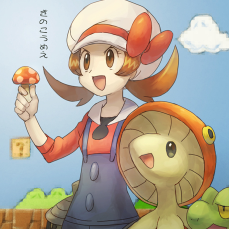 1girl alternate_color bad_id breloom brown_eyes brown_hair cabbie_hat cloud clouds hat hat_ribbon irima_(doron) kotone_(pokemon) lowres super_mario_bros. mushroom nintendo overalls parody pokemon pokemon_(creature) pokemon_(game) pokemon_gsc pokemon_heartgold_and_soulsilver red_ribbon ribbon seedot short_twintails super_mario_bros. translated treecko twintails