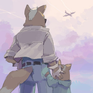 belt child family father_and_son fox_mccloud from_behind furry glasses jacket james_mccloud lowres nemurism oekaki sky star_fox starfox sunglasses sunset tail young