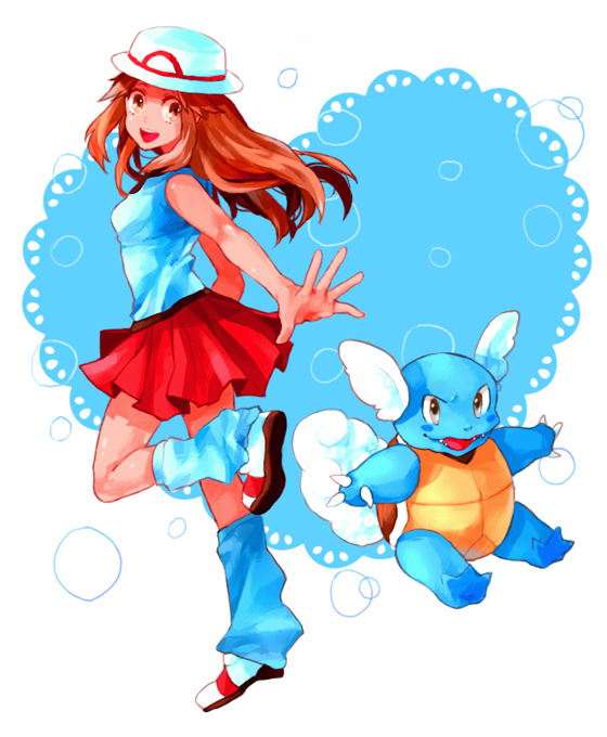 1girl blue_(pokemon) boots brown_eyes brown_hair dada_(dolce) hat heart long_hair loose_socks pleated_skirt pokemon pokemon_(creature) pokemon_(game) pokemon_frlg porkpie_hat skirt smile socks wartortle