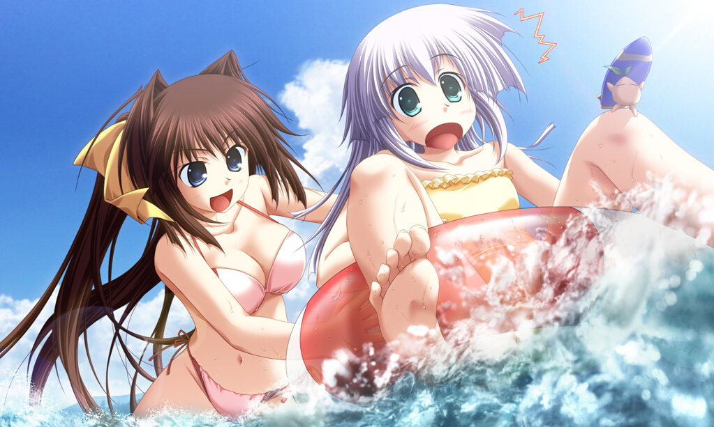 barefoot bikini blue_eyes brown_hair feet game_cg green_eyes haruno_yume innertube long_hair multiple_girls one-piece one-piece_swimsuit open_mouth ponytail primitive_link push pushing ricopheria_duende splash swimsuit water white_hair