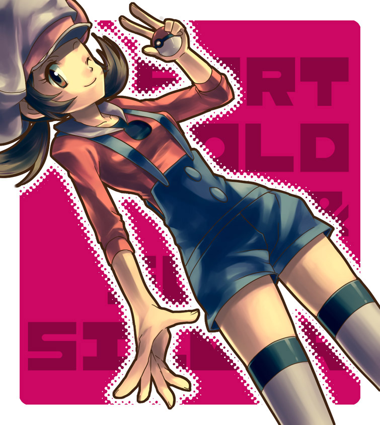 bad_id brown_eyes brown_hair cabbie_hat hat hat_ribbon holding holding_poke_ball kneehighs kotone_(pokemon) overalls poke_ball pokemon pokemon_(game) pokemon_gsc pokemon_heartgold_and_soulsilver red_ribbon ribbon short_twintails socks solo thigh-highs thighhighs title_drop tomone twintails white_legwear white_thighhighs wink