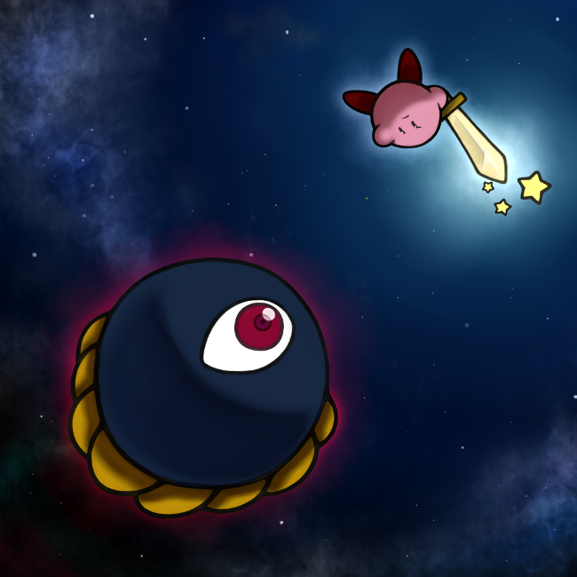 2others dark_matter eyeball glow glowing hal_laboratory_inc. hari_(kureon) hoshi_no_kirby hoshi_no_kirby_2 kirby kirby's_dream_land_2 kirby_(series) night nintendo no_humans space star sword upside-down weapon