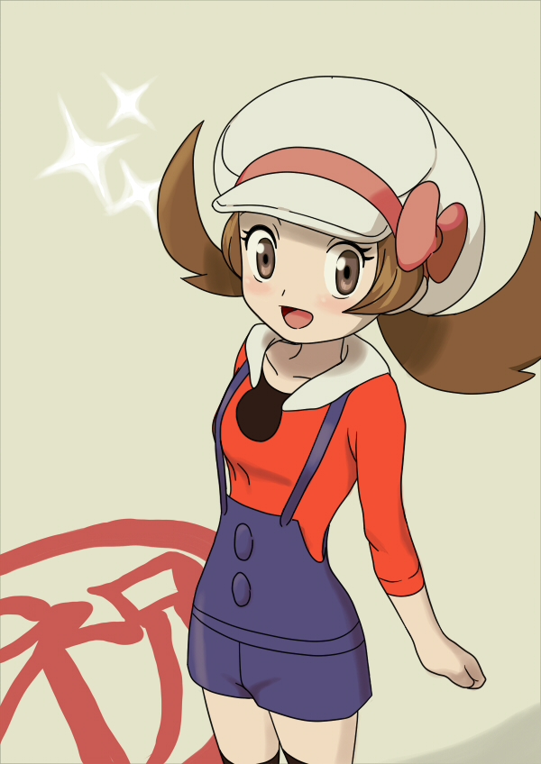 bad_id bow brown_eyes brown_hair cabbie_hat hat hat_ribbon hoodie kotone_(pokemon) luv overalls pokemon pokemon_(game) pokemon_gsc pokemon_heartgold_and_soulsilver red_ribbon ribbon short_twintails smile solo sparkle thighhighs twintails