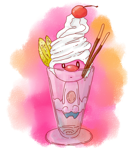 cherry dessert food food_as_clothes fruit hair_as_food hatoketu ice_cream lowres mime_jr. no_humans parfait pocky pokemon simple_background solo whipped_cream white_background