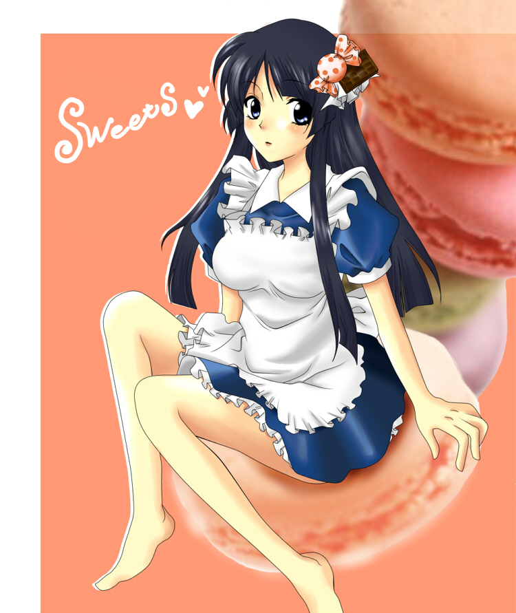 alternate_costume apron bare_legs barefoot black_hair blue_eyes chocolate enmaided food_themed_clothes k-on! maid sitting solo tomotan