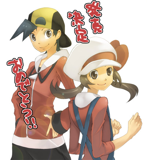 baseball_cap bow brown_eyes brown_hair cabbie_hat gold_(pokemon) gold_(pokemon)_(remake) hamana hat hat_ribbon hoodie kotone_(pokemon) overalls papapa928 pokemon pokemon_(game) pokemon_gsc pokemon_heartgold_and_soulsilver red_ribbon ribbon short_twintails smile suspenders translation_request twintails