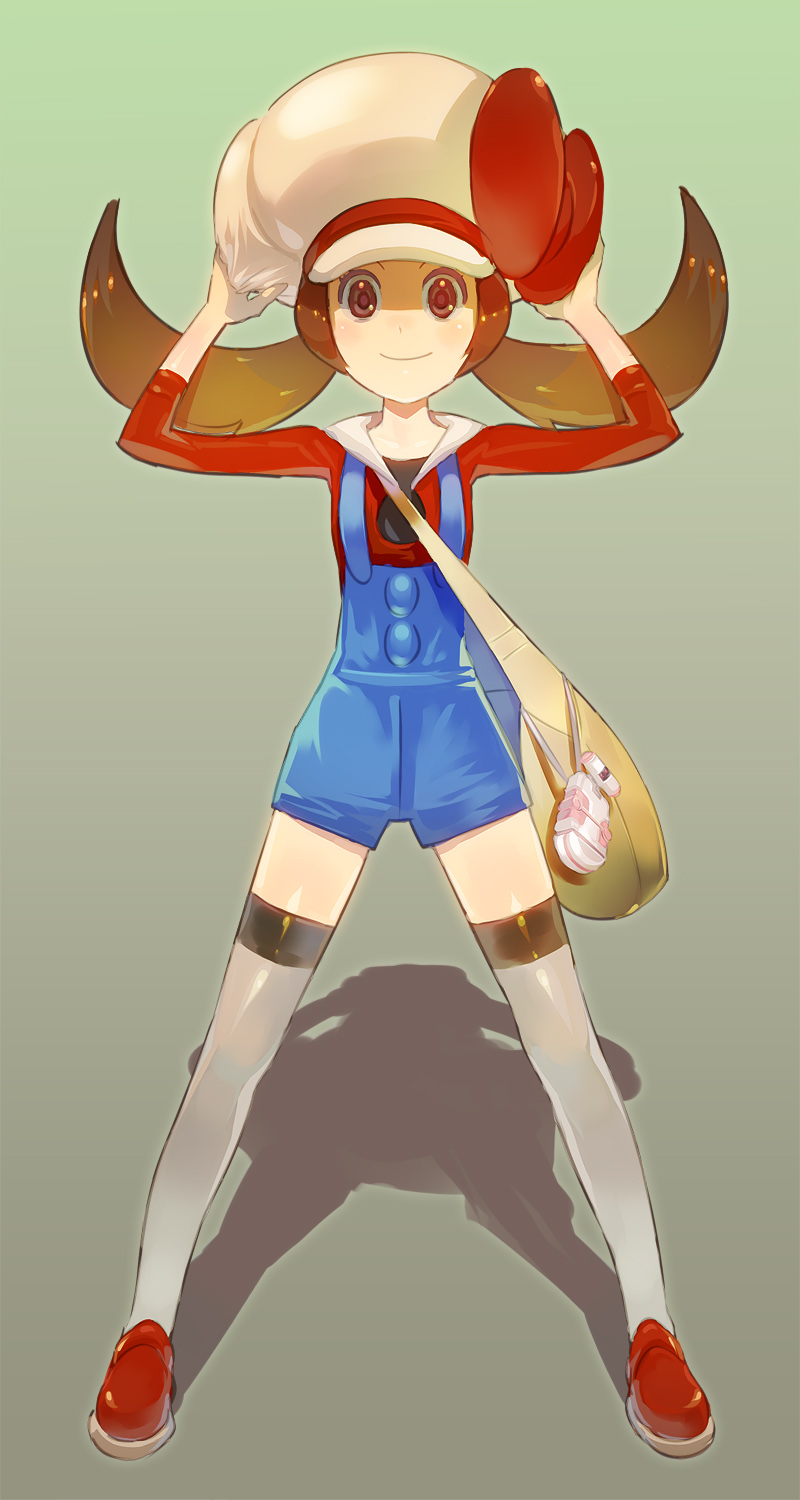 1girl bag bow brown_eyes brown_hair cabbie_hat cellphone hat hat_ribbon highres kotone_(pokemon) large_hat loafers messenger_bag overalls phone pokegear pokemon pokemon_(game) pokemon_gsc pokemon_heartgold_and_soulsilver red_ribbon ribbon saba_(sabe) shoes shoulder_bag smile solo spread_legs thigh-highs thighhighs twintails white_legwear white_thighhighs