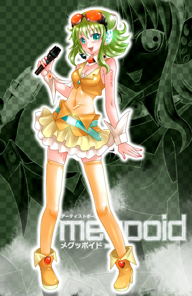 caffein goggles green_hair gumi headphones headset microphone shoes skirt smile solo thigh-highs thighhighs vocaloid zettai_ryouiki