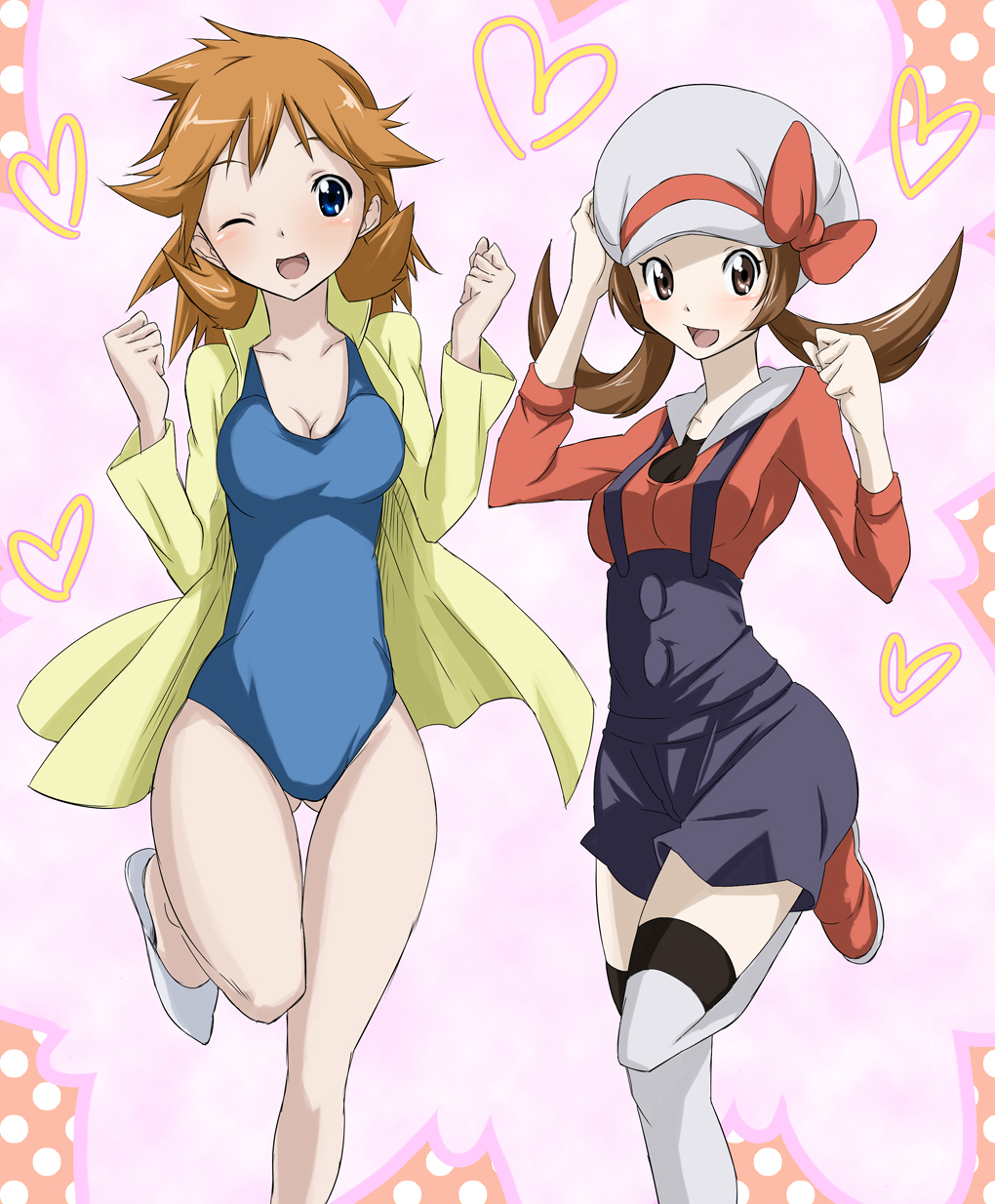 2girls adult bad_id blue_eyes blush breasts brown_eyes brown_hair cabbie_hat cleavage competition_swimsuit dress_shirt gym_leader happy hat hat_ribbon heart highres kasumi_(pokemon) kotone_(pokemon) multiple_girls one-piece one-piece_swimsuit orange_hair overalls pokemon pokemon_(game) pokemon_gsc pokemon_heartgold_and_soulsilver red_ribbon ribbon shirt short_twintails smile socks spiked_hair spiky_hair swimsuit teenage thigh-highs thigh_gap thighhighs toru_k twintails wink