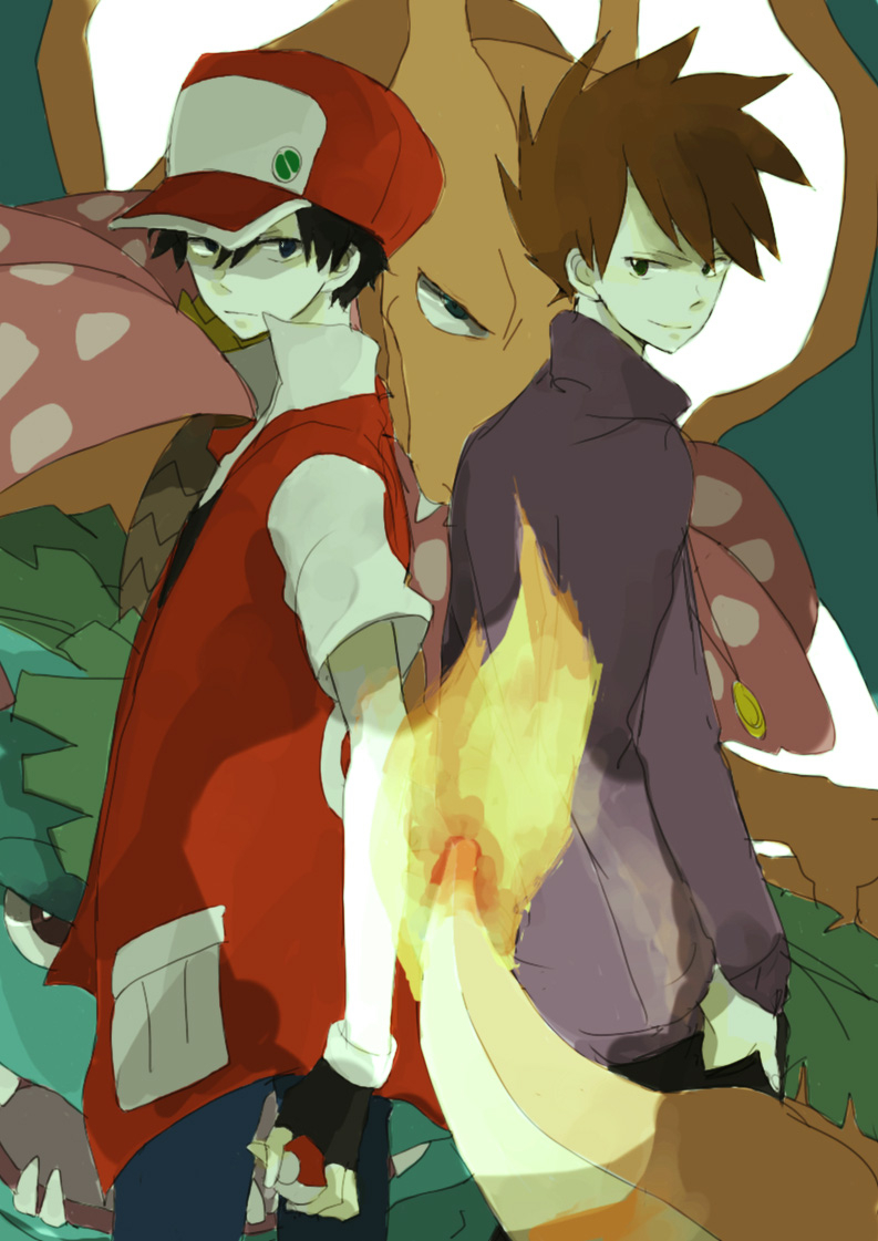 2boys back_to_back bad_id baseball_cap black_hair brown_hair charizard fingerless_gloves gloves hat male multiple_boys ookido_green ookido_green_(classic) poke_ball pokemon pokemon_(creature) pokemon_(game) pokemon_rgby red_(pokemon) red_(pokemon)_(classic) short_hair smirk somber spiked_hair spiky_hair tsu_da venusaur