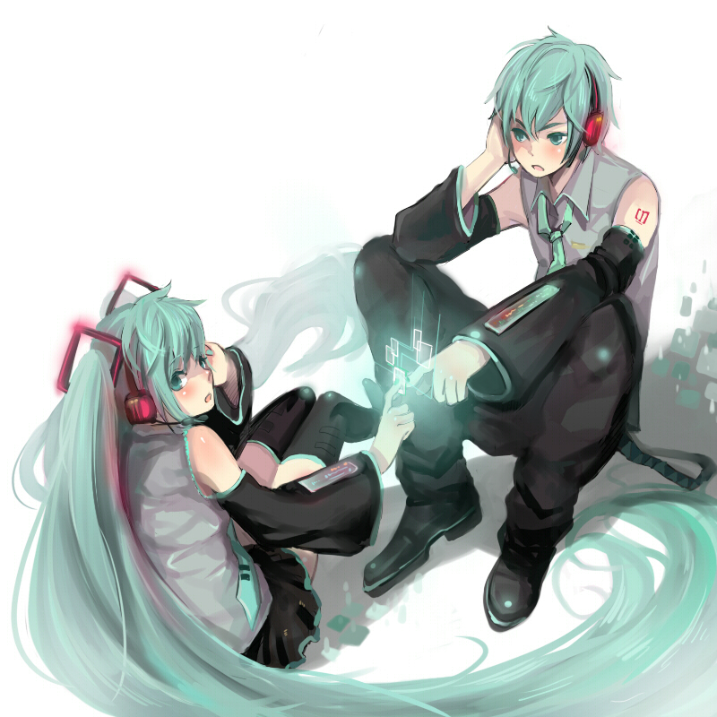 aqua_hair detached_sleeves genderswap hand_on_headphones hatsune_miku hatsune_mikuo headphones headset long_hair necktie open_mouth pants shell_(pixiv) skirt thigh-highs thighhighs twintails vocaloid zettai_ryouiki