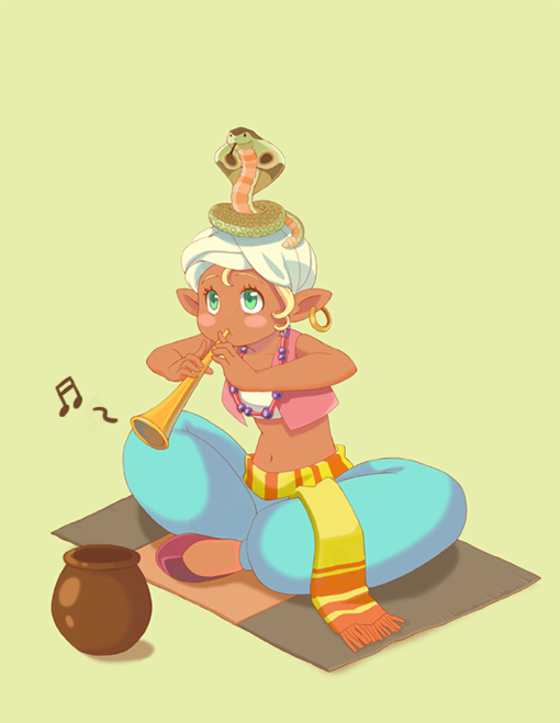 bad_id baggy_pants bare_shoulders blonde_hair blush crossed_legs dark_skin earrings green_eyes harem_pants indian_style instrument jewelry layil midriff music necklace pants pointy_ears puffy_pants shoes sitting snake solo tubetop turban vest