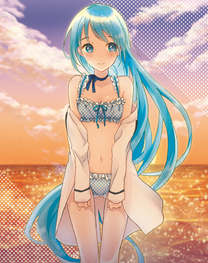 1girl alternate_costume bangs bare_shoulders bikini blue_eyes blue_hair blush breasts eyebrows eyebrows_visible_through_hair frilled_bikini frills kantai_collection long_hair long_sleeves looking_away navel nemu_(smsm36) ocean off_shoulder outdoors polka_dot polka_dot_bikini samidare_(kantai_collection) sky small_breasts smile solo sparkle sunset swept_bangs swimsuit very_long_hair water