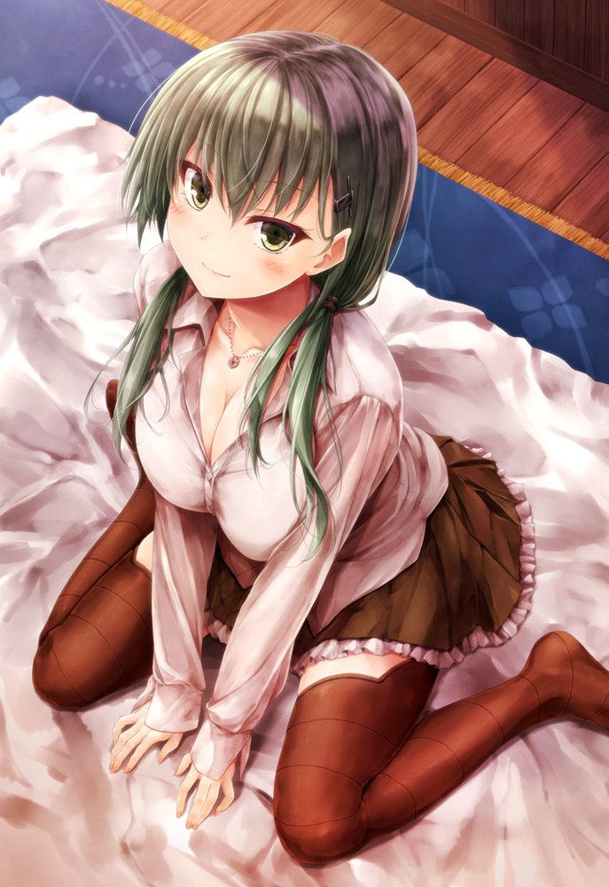 1girl alternate_hairstyle blouse breasts brown_legwear brown_skirt cleavage green_eyes green_hair hair_between_eyes kantai_collection large_breasts long_hair long_sleeves looking_at_viewer looking_up low_twintails matching_hair/eyes miniskirt no_shoes pig_tail pleated_skirt sitting skirt solo suien suzuya_(kantai_collection) tail thigh-highs tied_hair twintails wariza white_blouse